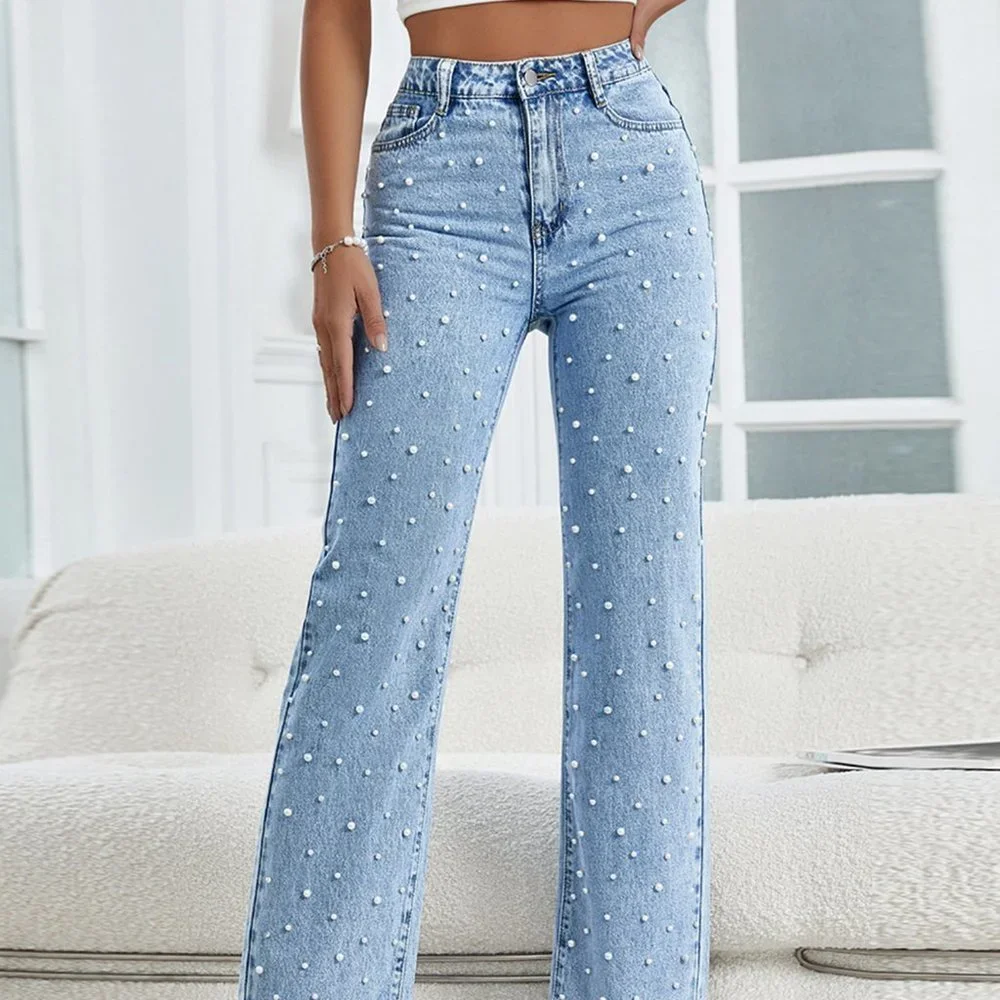 Blue Preppy Womens Pearls Beaded Flare Leg Jeans - Picture 4 of 5